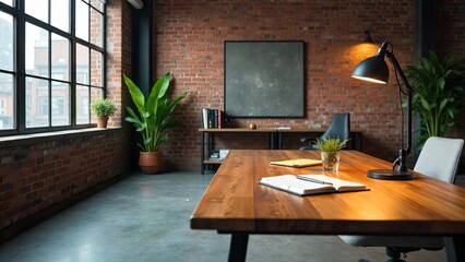 Modern Loft Office Workspace with Industrial Brick Walls and Large Windows, Featuring a Warm Wooden Desk and Desk Lamp