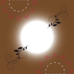 Brown background with bright white circle and floral accents.
