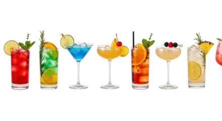 Nine distinct, colorful alcoholic cocktails in varied highball, martini, and coupe glassware, garnished with fresh fruit and mint sprigs, isolated on a seamless transparent background with bright soft