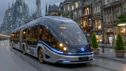 Fototapeta premium Futuristic electric bus with sleek design and illuminated features is traveling through a modern cityscape, showcasing advanced transportation technology and urban architecture