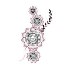 Intricate mandala design with floral accents and leafy branch.
