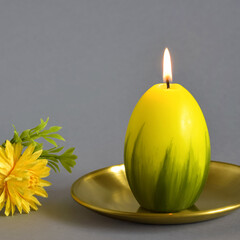 Easter decor: lighted candle in form of egg on metal plate and yellow artificial flowers on gray background. Close-up. Copy space. Selective focus.