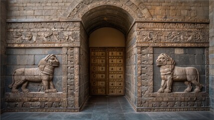 Ancient Assyrian Gates with Lion Reliefs in Historical Architecture