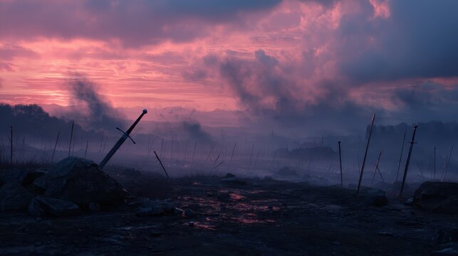 Ancient Battlefield at Dawn with Rising Smoke and Distant Landscape