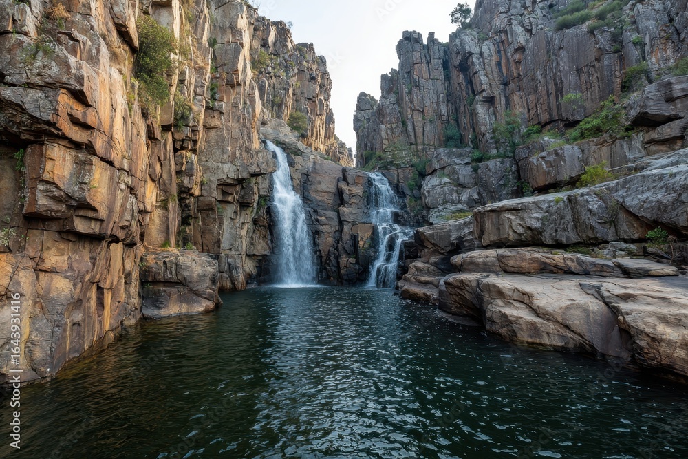 Aufkleber cascading waterfalls flow into a serene pool surrounded by rocky cliffs in a nature setting during l