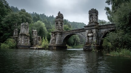Ancient Bridge with Broken Statues Over River Surrounded by Nature