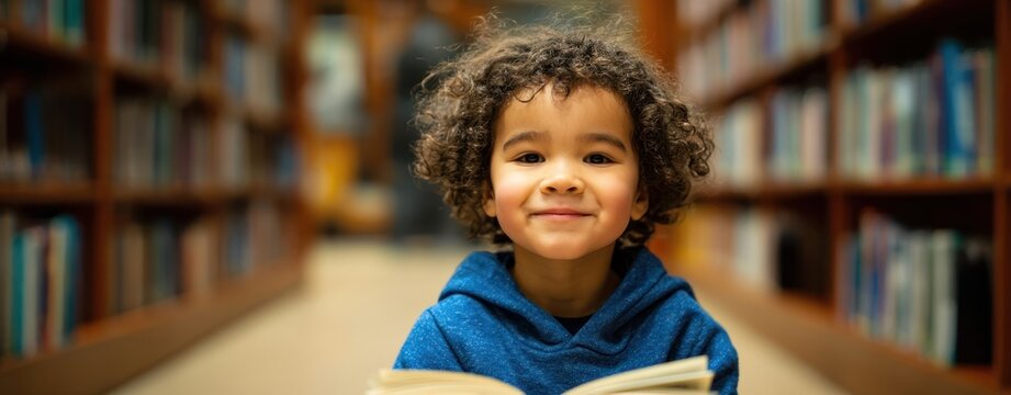 The joyful child reading an interesting book in a cozy library setting.