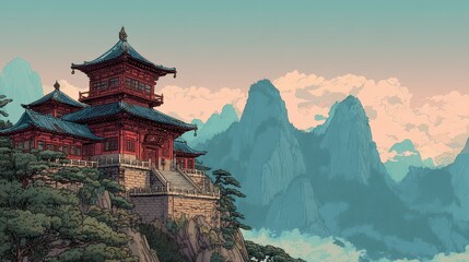Ancient Chinese Temple on Mountain Summit Surrounded by Misty Peaks