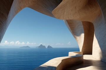 Fototapeta premium Architectural wooden balcony overlooking calm sea with distant islands under blue sky