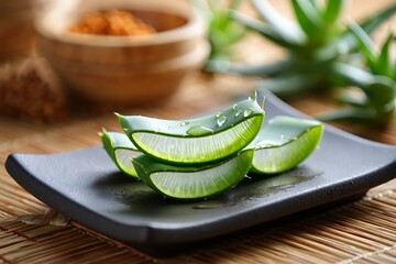Sliced green aloe vera leaves with water droplets on a dark plate with blurred background plant leaf