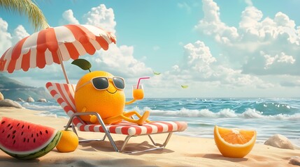 Cute Orange Character Enjoys Beach Day with Drink and Watermelon Slices