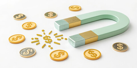 Money magnet investment finance wealth business savings prosperity success gold coin economic growth concept with magnet attracting dollar coins on white background
