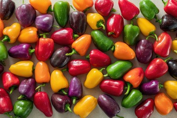Red, yellow, orange, green and purple peppers on beige color background. Colorful bell pepper mix. Top view, flat lay. Minimal creative food backdrop. Fresh Vegetables, farmer market. Paprika closeup