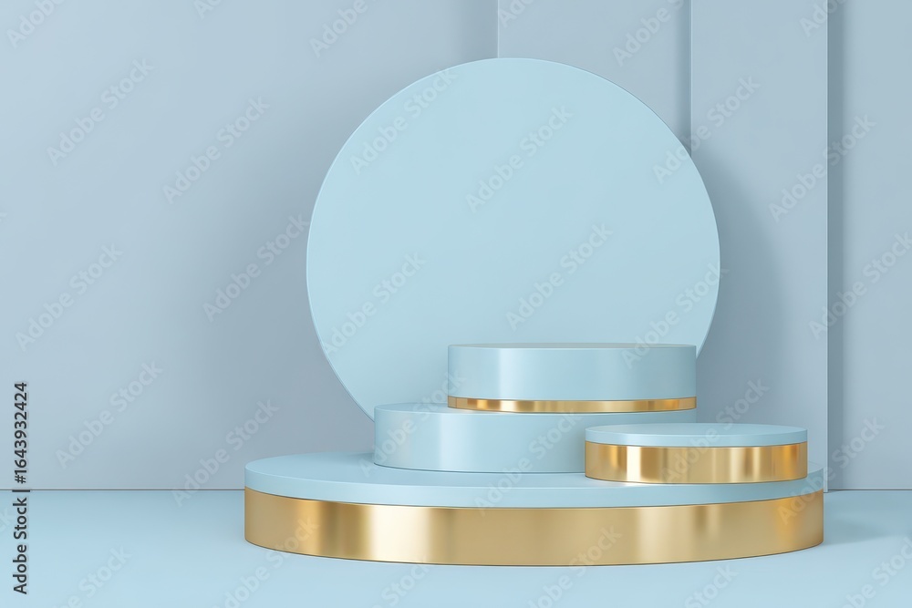 Poster elegant display platform featuring circular and rectangular shapes with a light blue finish and gold