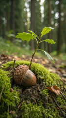 Fresh sprout growing inside cracked acorn forest green moss young oak tree natural woodland vibrant hope new life closeup outdoors nature