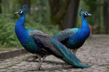 Fototapeta premium Two vibrant peacocks display their colorful plumage in a lush park during late afternoon light