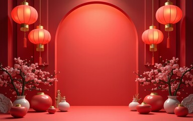 Chinese style red background festival themed e-commerce product booth. High quality