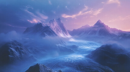 Majestic snow-capped mountain range bathed in ethereal light.