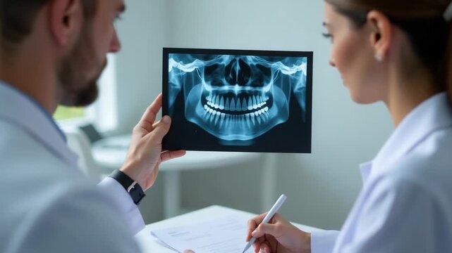 A couple standing together, looking at an X-ray image on a lightbox