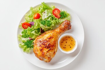 Roasted chicken leg with salad and tomato sauce on a white plate, top view, isolated on a light background. Baked chicken. Healthy food for slimming the body in a weight loss program. Gourmet dinner