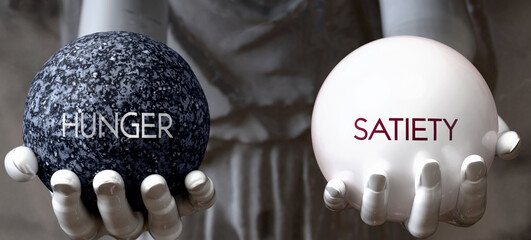 Hunger or Satiety - decide between two options. Greek statue presenting a choice: hunger or satiety, weighing their values. Looking at pros and cons. Presenting possibilities. ,3d illustration