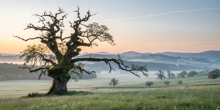 Ancient Gnarled Oak Tree Stands Majestic In Misty Sunrise Over Rolling Hills image photo - Powered by Adobe