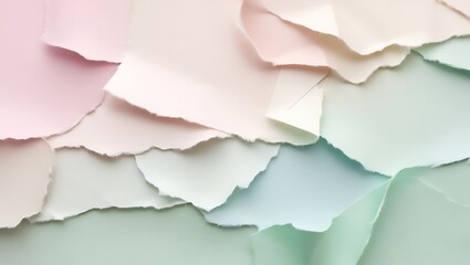 Fototapeta premium Abstract background of torn pastel colored paper layers in soft pink, cream, and mint green hues image