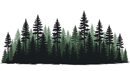 Obraz premium Dense evergreen forest silhouette with varied tree heights isolated on white background