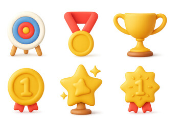 Colorful 3d game icons with trophy, medals, and targets for achievement recognition