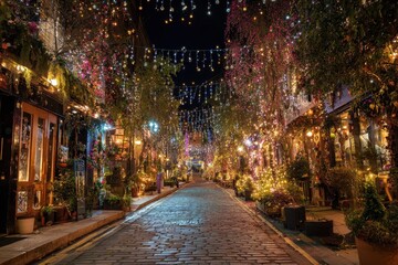 Beautifully decorated street lit by colorful lights and flowers during a festive evening in a charming neighborhood
