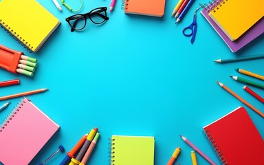 Colorful stationery arrangement with notebooks, pencils, glasses, and office supplies on a vibrant blue background. Perfect for back-to-school themes. High quality