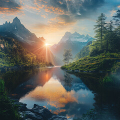 Serene mountain lake at sunrise reflecting the sky.