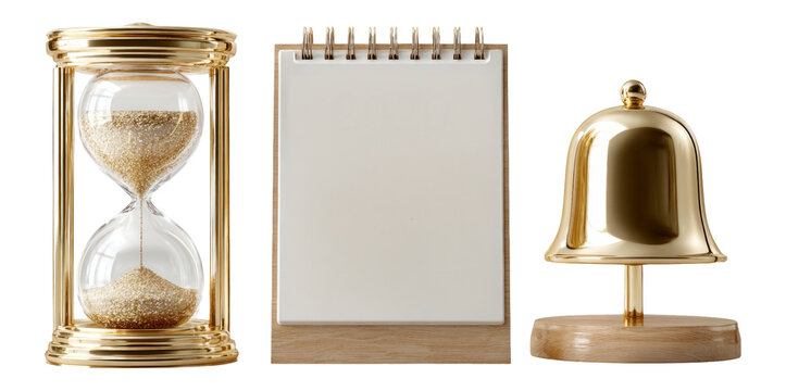 Elegant Gold Hourglass, Blanker Notepad and Brass Bell on Isolated Transparent Background