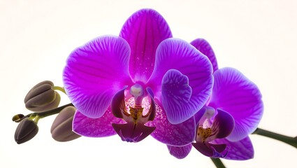 Fototapeta premium Vibrant purple orchid bloom with buds on a clean white background flower