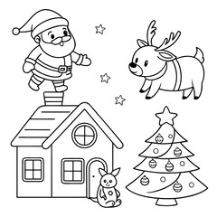 Vector black and white set of Christmas elements with Santa Claus, reindeer, animals, elf, stocking, fir tree, house with ornament. Cute funny kawaii line illustration for kid New year coloring page