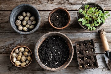 Garden preparation with pots of soil, seeds, and eggs displayed on a wooden table at home