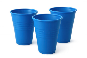 Blue plastic cups standing on transparent surface, clean minimalist backdrop highlighting simple drinkware design for graphic projects