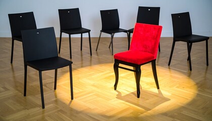 Red chair spotlight amidst black chairs
