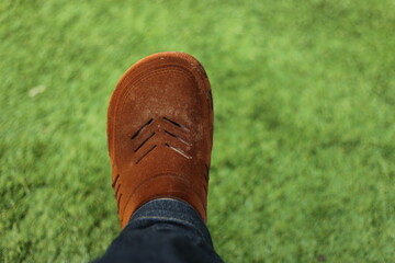 A close-up shot of a foot wearing a casual brown leather shoe on a vibrant green lawn, highlighting...