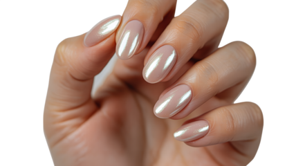 Nude chrome manicure, Shimmering nail polish, Elegant pearlescent nails, Beauty and care, Hand with painted nails

