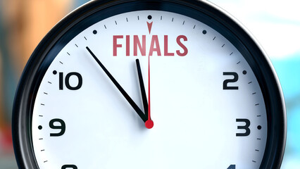 Finals that is going to happen soon. Incoming finals, approaching in the near future. Finals almost here, in a short time - a clock symbolizes a reminder that finals is near. ,3d illustration