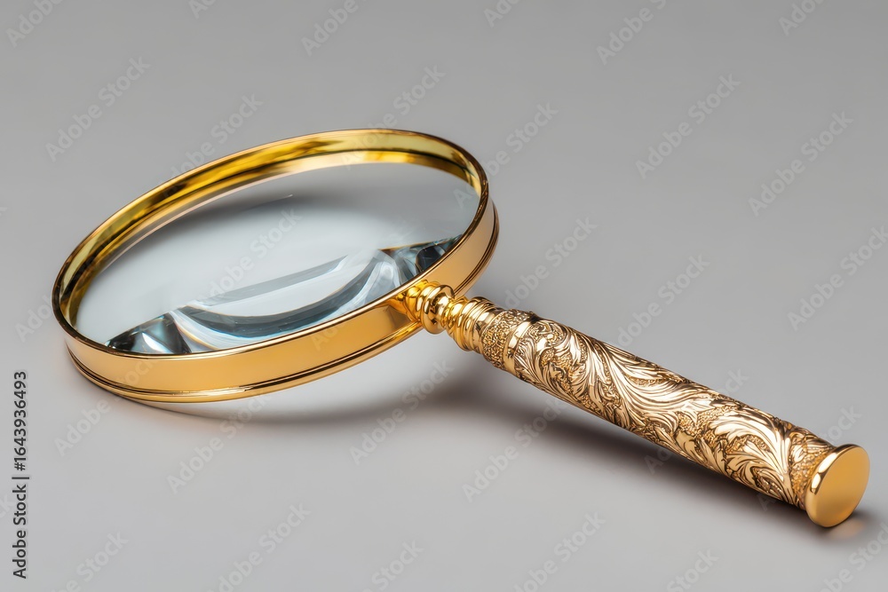 Poster decorative magnifying glass with intricate design on handle placed on a neutral background