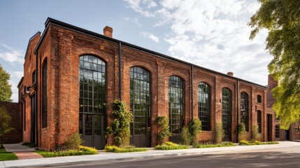 Fototapeta premium Industrial Brick Building with Tall Windows Under Clear Sky