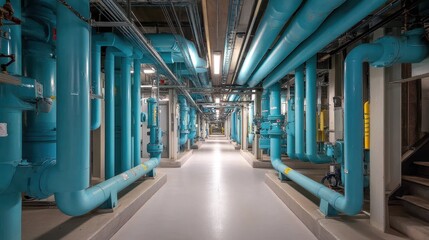 Fototapeta premium Brightly Lit Maintenance Hallway with Industrial Pipes and Structures