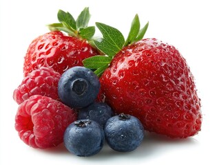 Two ripe strawberries, several plump blueberries and raspberries, glistening with moisture, arranged on a stark white background