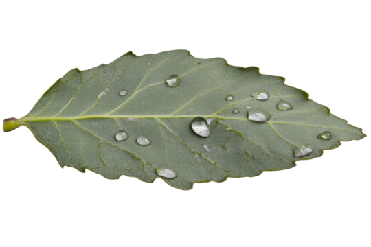 Green leaf with multiple clear water droplets scattered across its surface