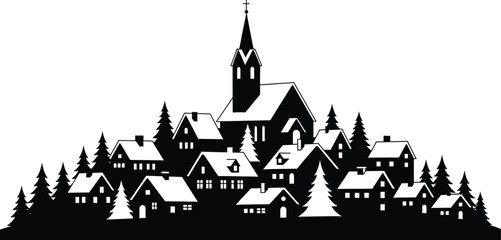 Fototapeta premium Silhouette of a village with a church and houses isolated on white background