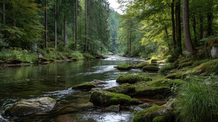 Serene River Flowing Through Lush Green Forest Landscape