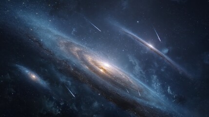 Fototapeta premium Majestic Celestial Background with Spiral Galaxies and Falling Meteors