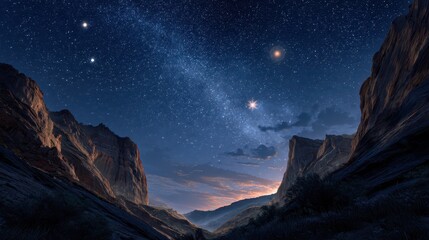 Celestial Night Sky with Planets and Stars Above Dramatic Cliffs